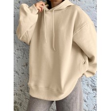 Solid Drop Shoulder Pocket Drawstring Long Sleeve Loose Hoodie