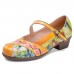  Vintage Oil Painting Fresh Color Print Leather Low Heels Buckle Mary Jane Shoes