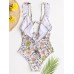 Women Design Floral Print String Ruffles Straps One Piece Backless Swimwear