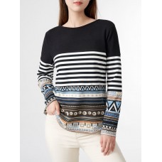 Stripe Tribal Pattern Long Sleeve Crew Neck Casual Sweatshirt