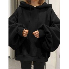 Women Puff Sleeve Loose Hooded Collar Solid Color Casual Sweatshirt