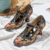  Genuine Leather Retro Fashion Floral Comfy T  strap Heels