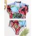 Women Tropical Leaves Print Swimsuit String Short Sleeve High Waist Bikini